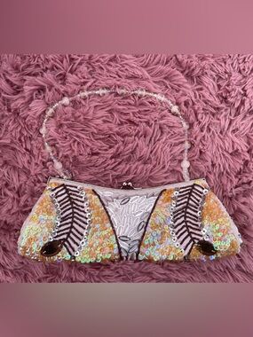 Beaded Sequin Evening Bag - white and brown